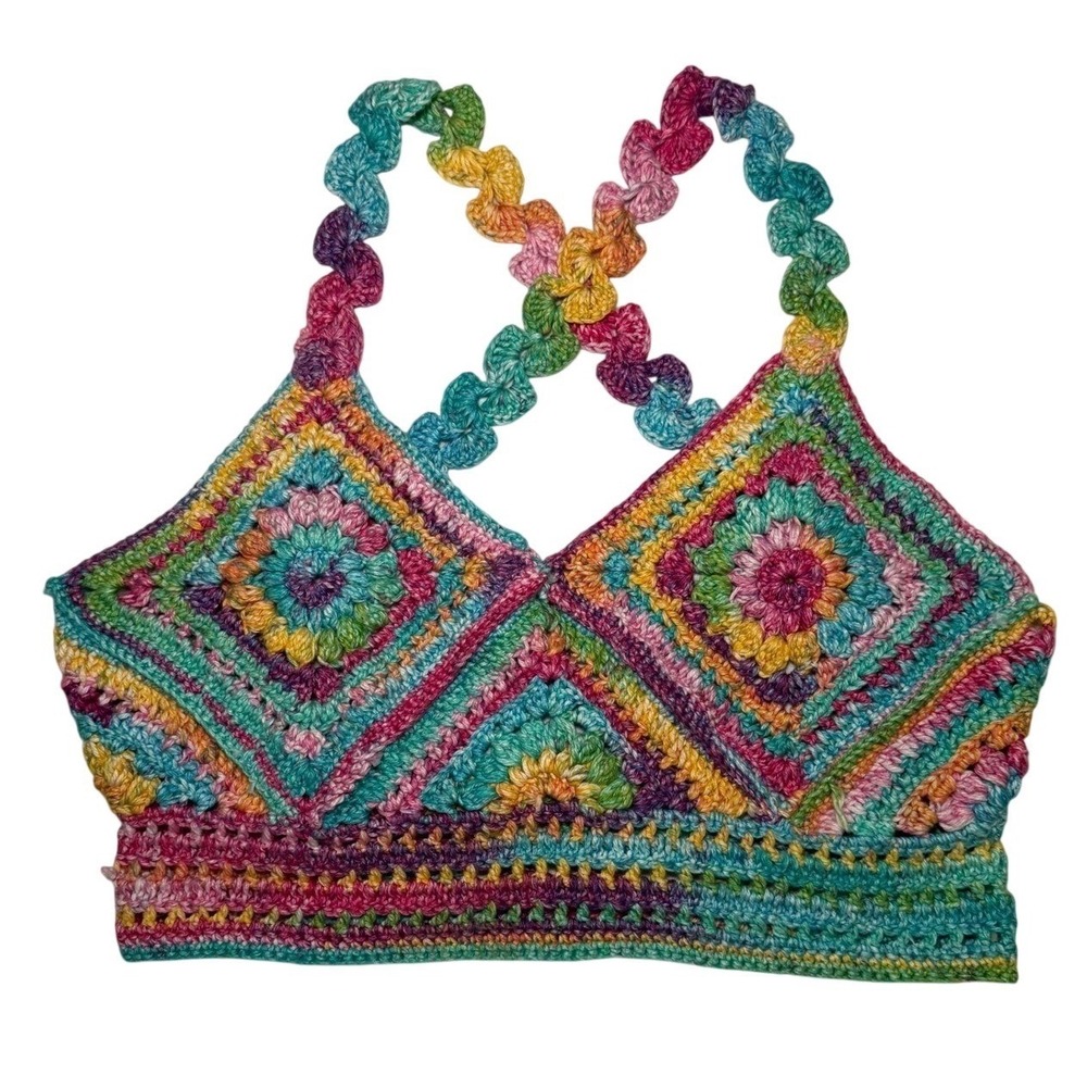 Artisanal Vintage Crochet Boho Granny Square Halter Top S Rainbow Hippie RARE